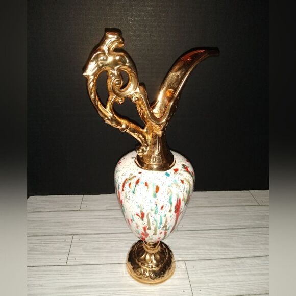 Tall Vintage Victorian Ewer Pitcher With Color Splatter Graphic Design 14½in - Picture 1 of 10